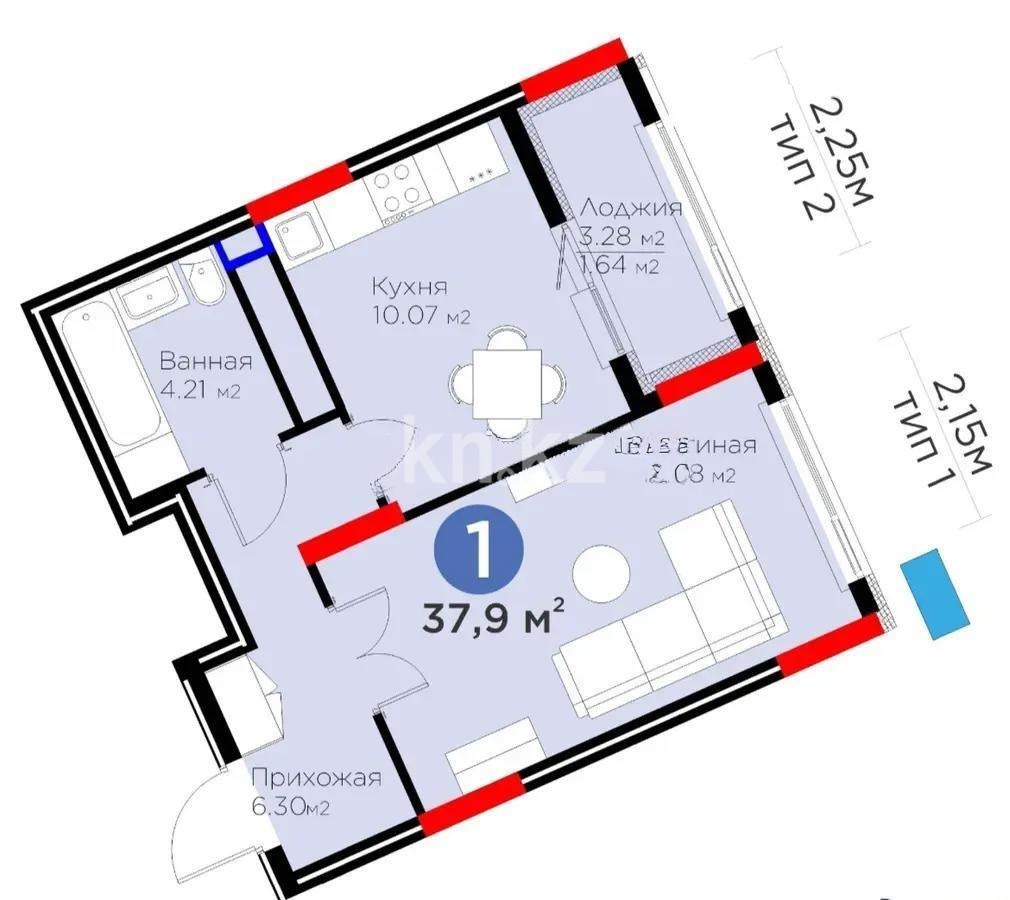 Продажа 1-комнатной квартиры, 38 м², ул. Бухар жырау, дом  33 в Астане - фото 2