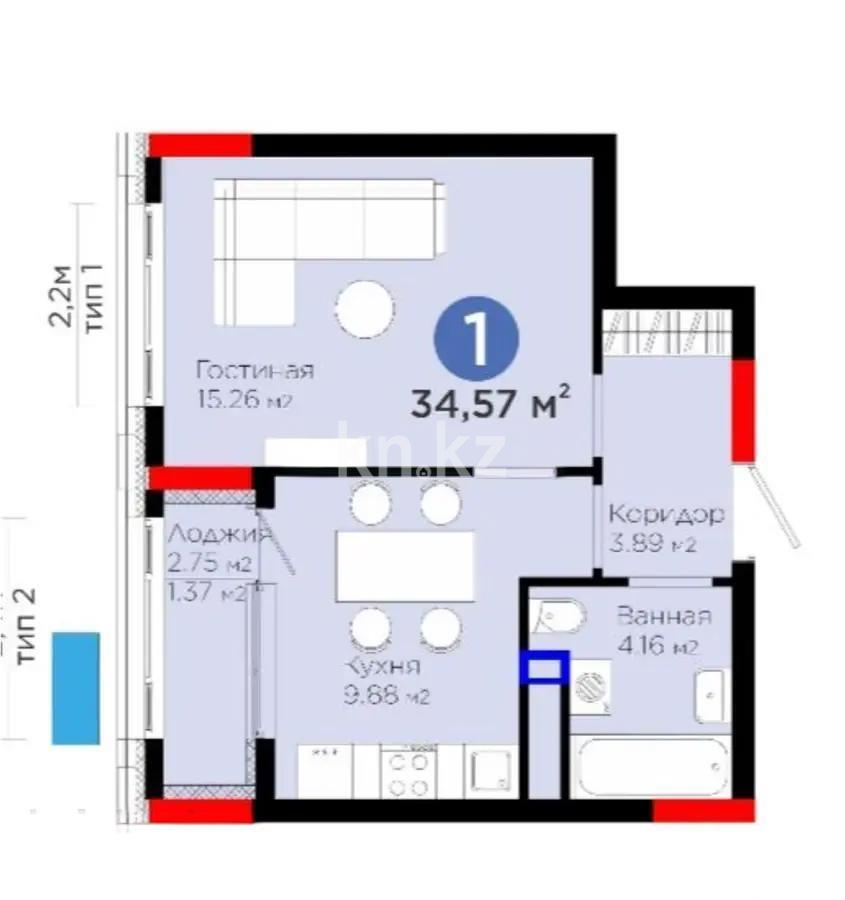 Продажа 1-комнатной квартиры, 34 м², ул. Бухар жырау, дом  57/6 в Астане