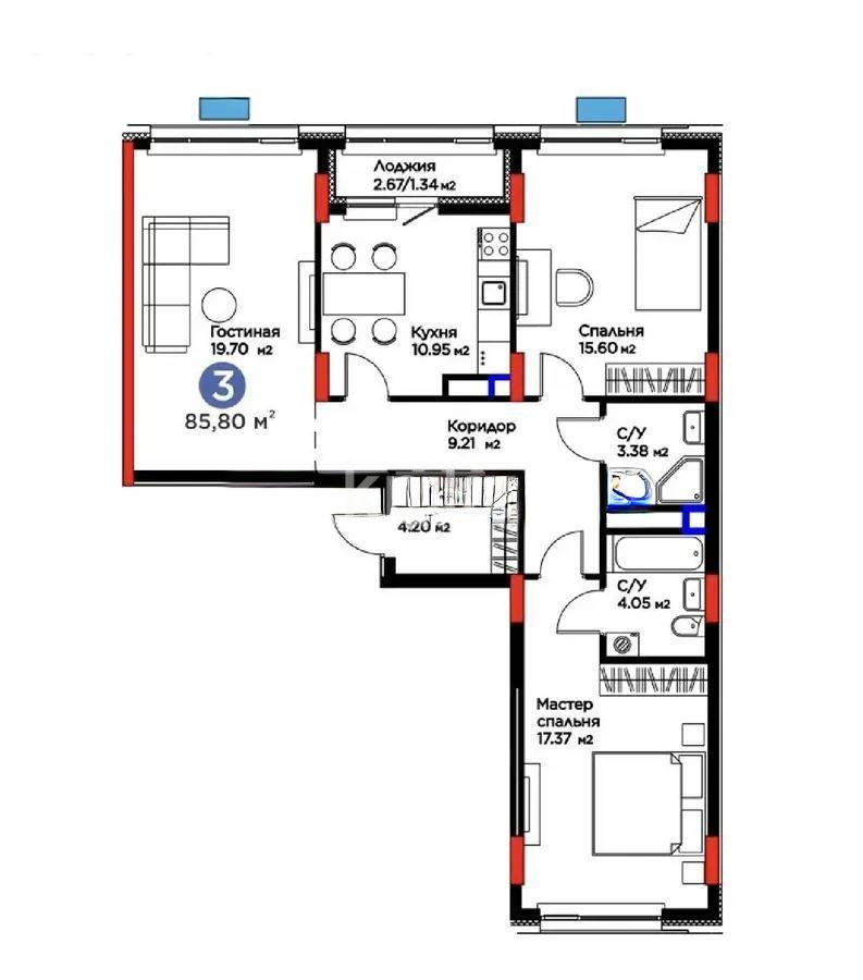 Продажа 3-комнатной квартиры, 85.8 м² в Астане