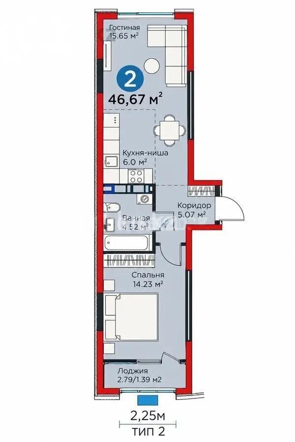 Продажа 2-комнатной квартиры, 46.67 м² в Алматы