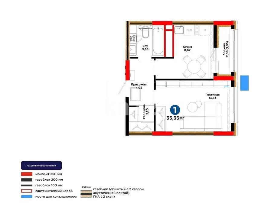 Продажа 1-комнатной квартиры, 33.33 м² в Астане