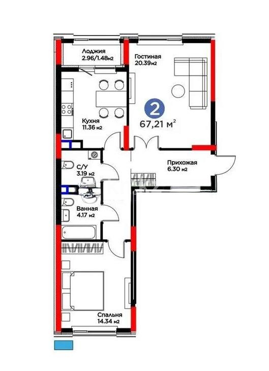 Продажа 2-комнатной квартиры, 67.21 м² - Продажа офисных и торговых помещений в Актобе фото 1 из 1