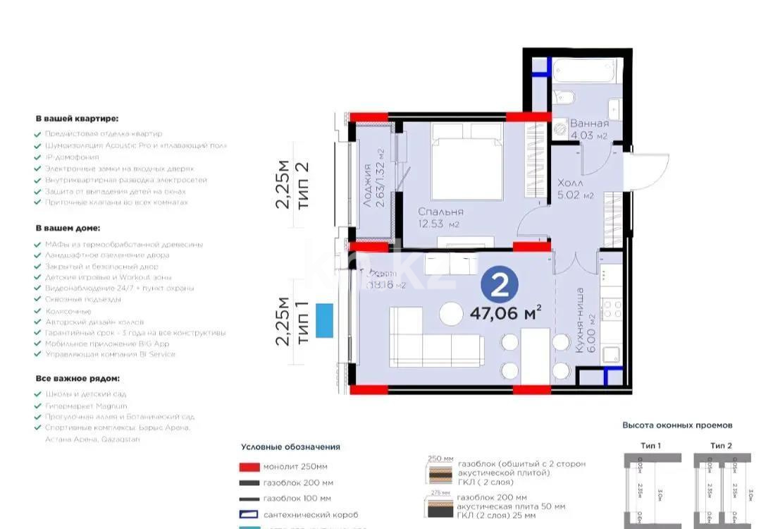 Продажа 2-комнатной квартиры, 47.06 м², пр. Туран, дом  57/5 - Продажа  двухкомнатных квартир в новостройках Астаны с фото фото 1 из 1