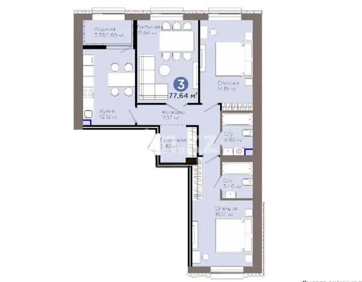Продажа 3-комнатной квартиры, 77.64 м² в Астане