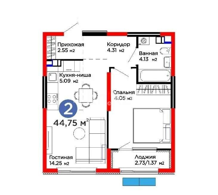 Продажа 2-комнатной квартиры, 45 м² - Продажа  двухкомнатных квартир в новостройках Алматы - страница 7 фото 1 из 1