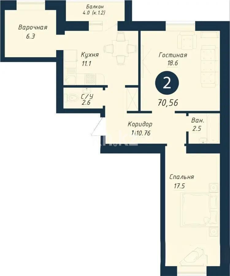 Продажа 2-комнатной квартиры, 70.56 м² в Астане