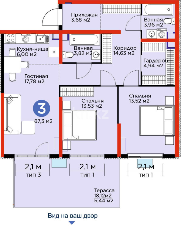 Продажа 3-комнатной квартиры, 87.3 м² в Алматы - фото 3