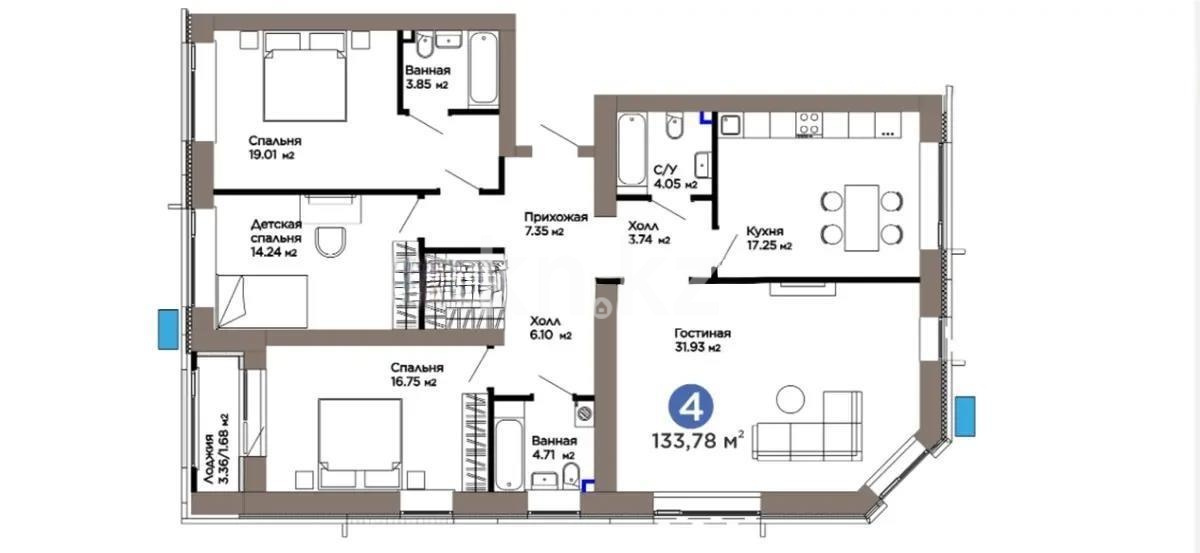 Продажа 4-комнатной квартиры, 134 м² в Астане