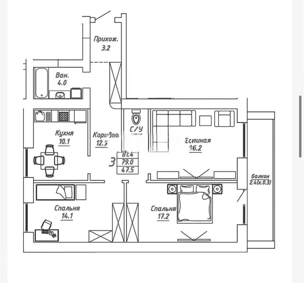 Продажа 3-комнатной квартиры, 81.4 м², ул. Бокейхана, дом  13 стр - Продажа  трехкомнатных квартир в Астане без посредников фото 1 из 1