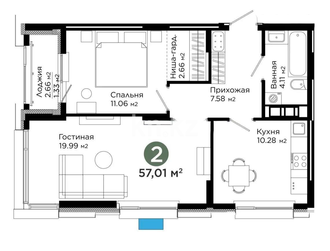 Продажа 2-комнатной квартиры, 58 м², ул. Е-899, дом  5 стр в Астане