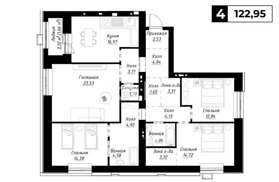 Продажа 4-комнатной квартиры, 122.95 м², ул. Калдаякова, дом  12 - Продажа  четырехкомнатных квартир в новостройках Астаны без посредников фото 1 из 1