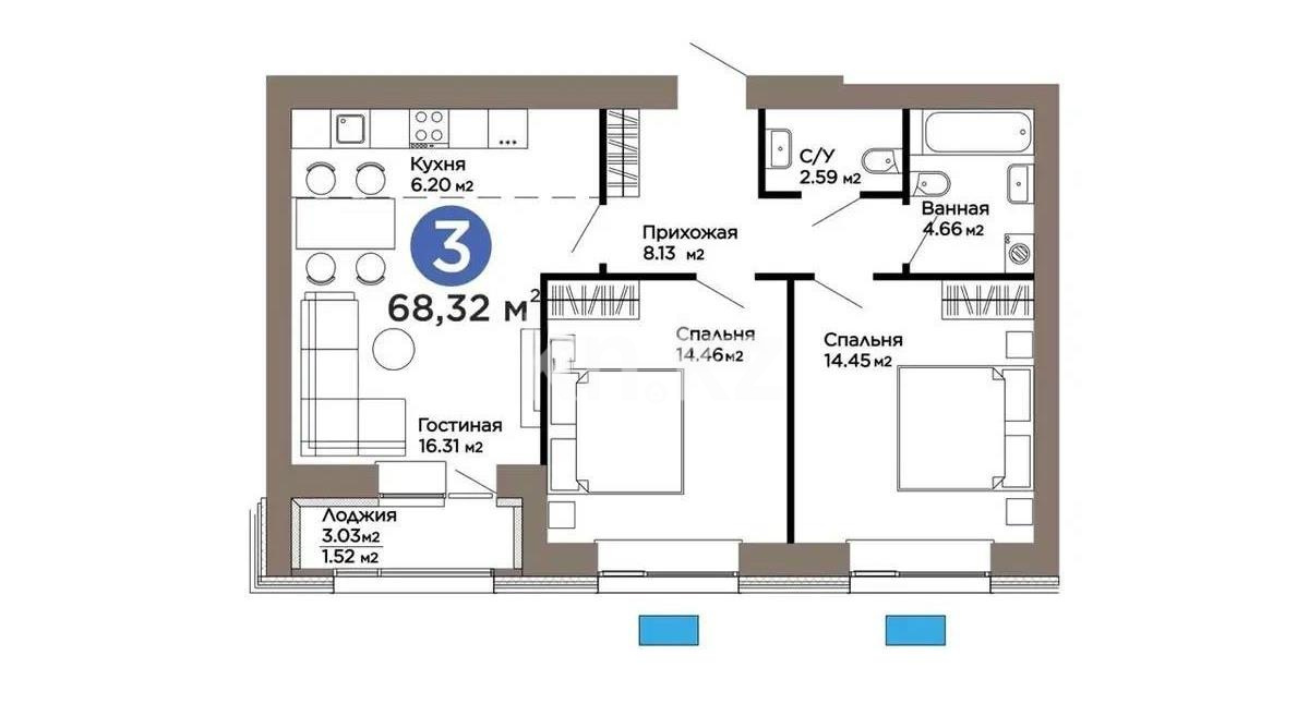 Продажа 3-комнатной квартиры, 68.3 м², ул. Рыскулова, дом  18/5 - Продажа  трехкомнатных квартир в новостройках Астаны без посредников фото 1 из 1