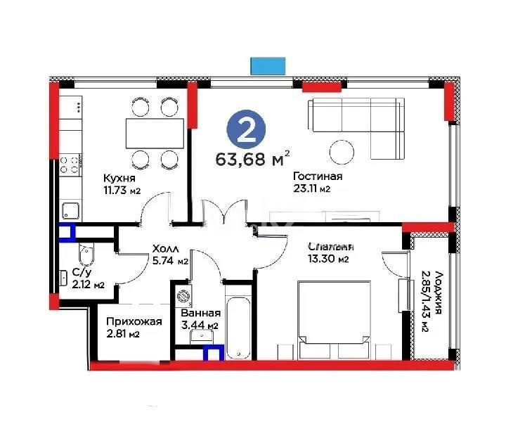Продажа 2-комнатной квартиры, 63.68 м² в Астане