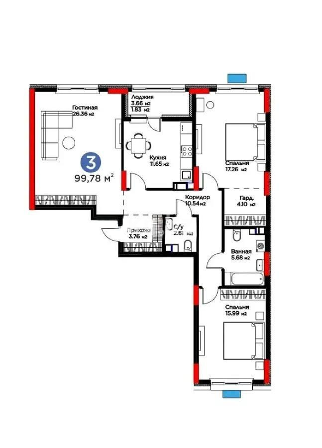 Продажа 3-комнатной квартиры, 99.7 м², ул. Рыскулова, дом  16/2 в Астане