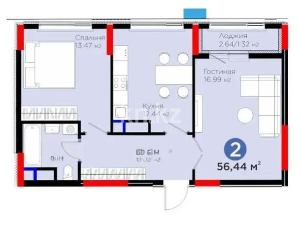 Продажа 2-комнатной квартиры, 56.44 м², ул. Рыскулова, дом  18/1 - Продажа квартир в Астане без посредников фото 1 из 1