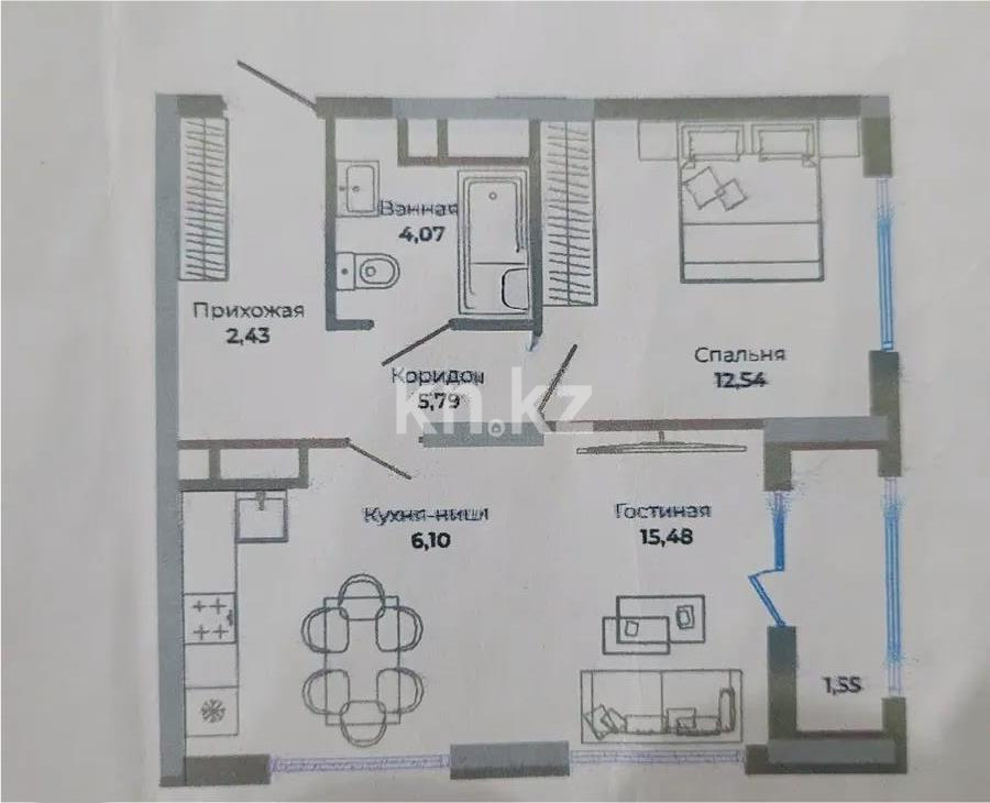 Продажа 2-комнатной квартиры, 49.4 м² в Астане