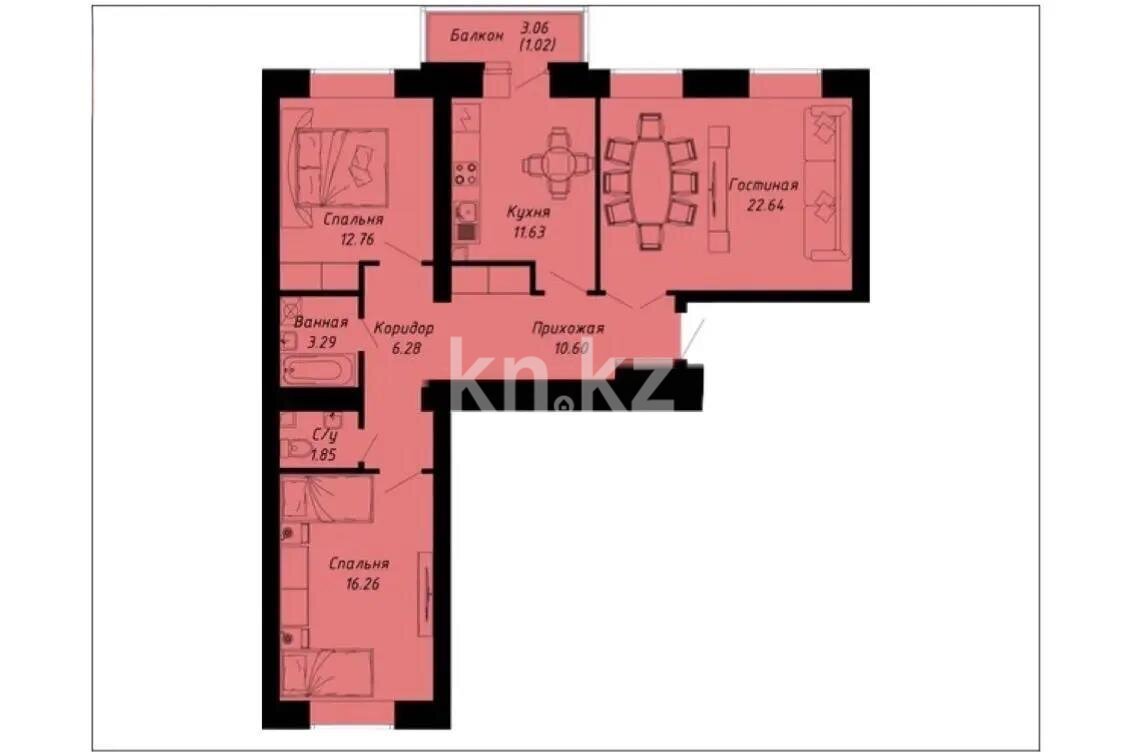 Продажа 2-комнатной квартиры, 86.33 м² в Астане