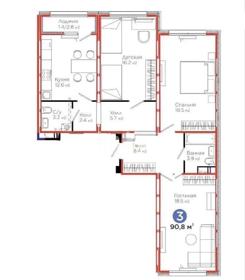 Продажа 3-комнатной квартиры, 90.8 м², ул. С-902, дом  8 - Продажа квартир в Казахстане фото 1 из 1
