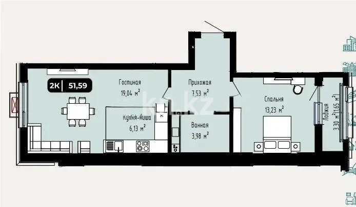 Продажа 2-комнатной квартиры, 51.59 м² в Астане