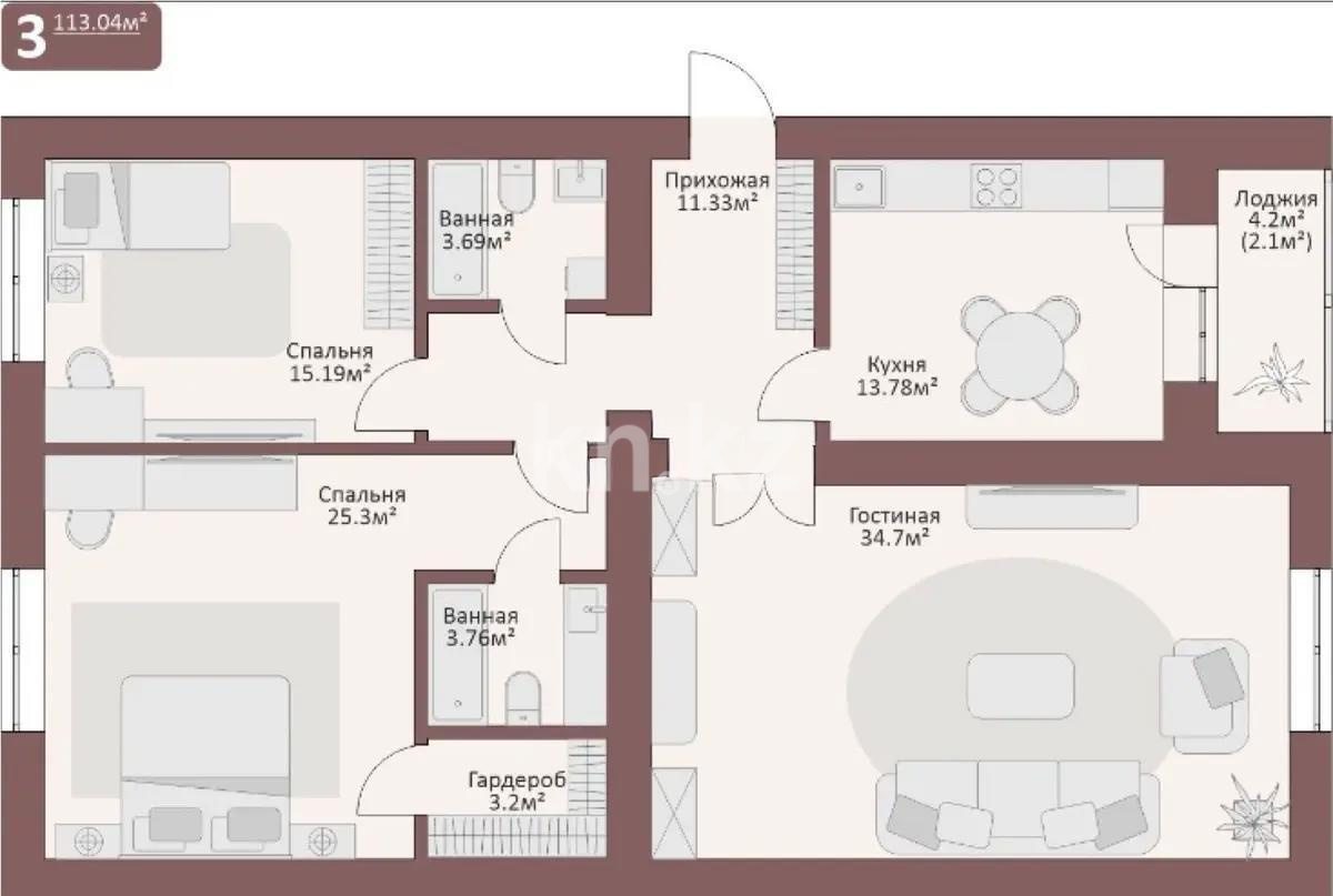 Продажа 3-комнатной квартиры, 115 м², ул. Ахмедьярова, дом  3 - Продажа квартир в Астане фото 1 из 1