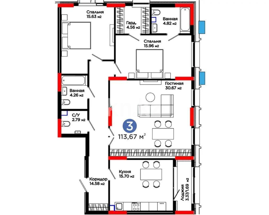 Продажа 3-комнатной квартиры, 108 м², ул. Рыскулова, дом  1 - Продажа  трехкомнатных квартир в новостройках Астаны без посредников фото 1 из 1