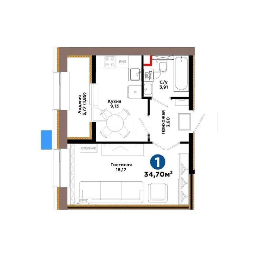 Продажа 1-комнатной квартиры, 34.7 м² в Астане