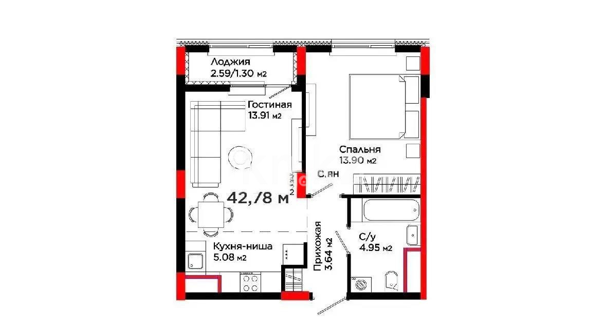 Продажа 2-комнатной квартиры, 42.78 м² в Астане