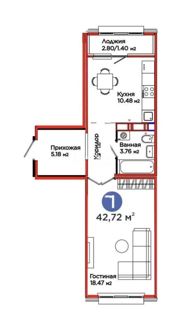 Продажа 1-комнатной квартиры, 42.72 м² - Продажа однокомнатных квартир в Астане - страница 19 фото 1 из 1