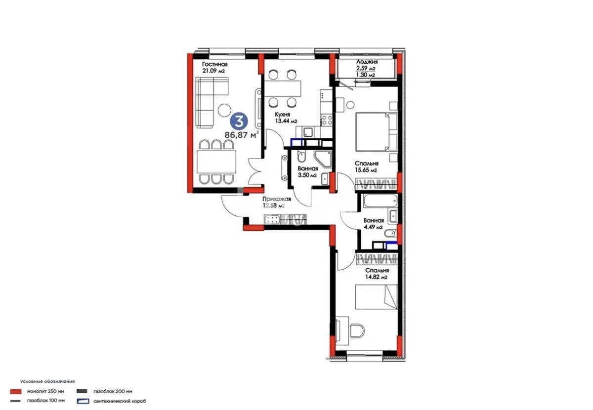 Продажа 3-комнатной квартиры, 86.87 м² - Продажа трехкомнатных квартир в Астане - страница 45 фото 1 из 1