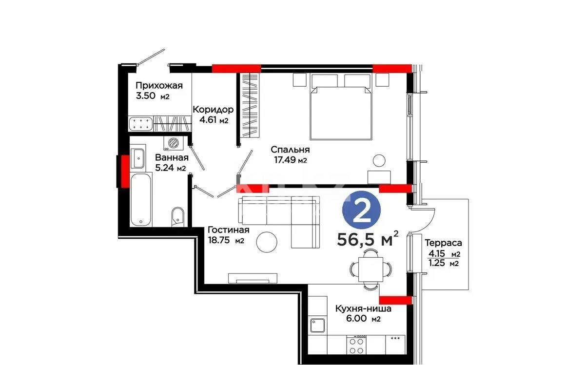 Продажа 2-комнатной квартиры, 56.5 м², ул. Е-321, дом  6 в Астане