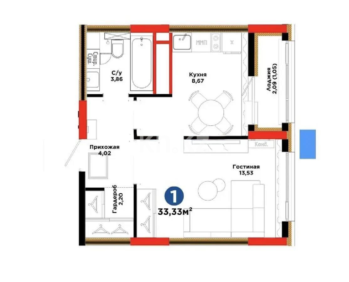 Продажа 1-комнатной квартиры, 33.33 м² - Продажа однокомнатных квартир в р-не Нура Астаны фото 1 из 1