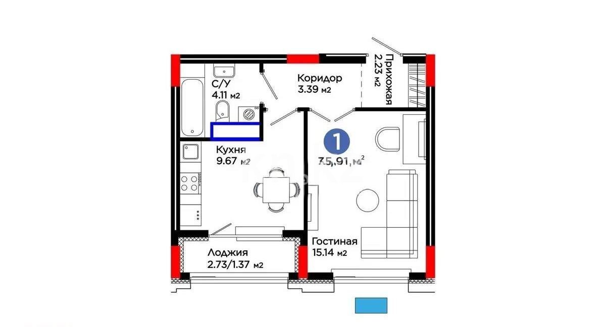 Продажа 1-комнатной квартиры, 35.91 м² в Астане