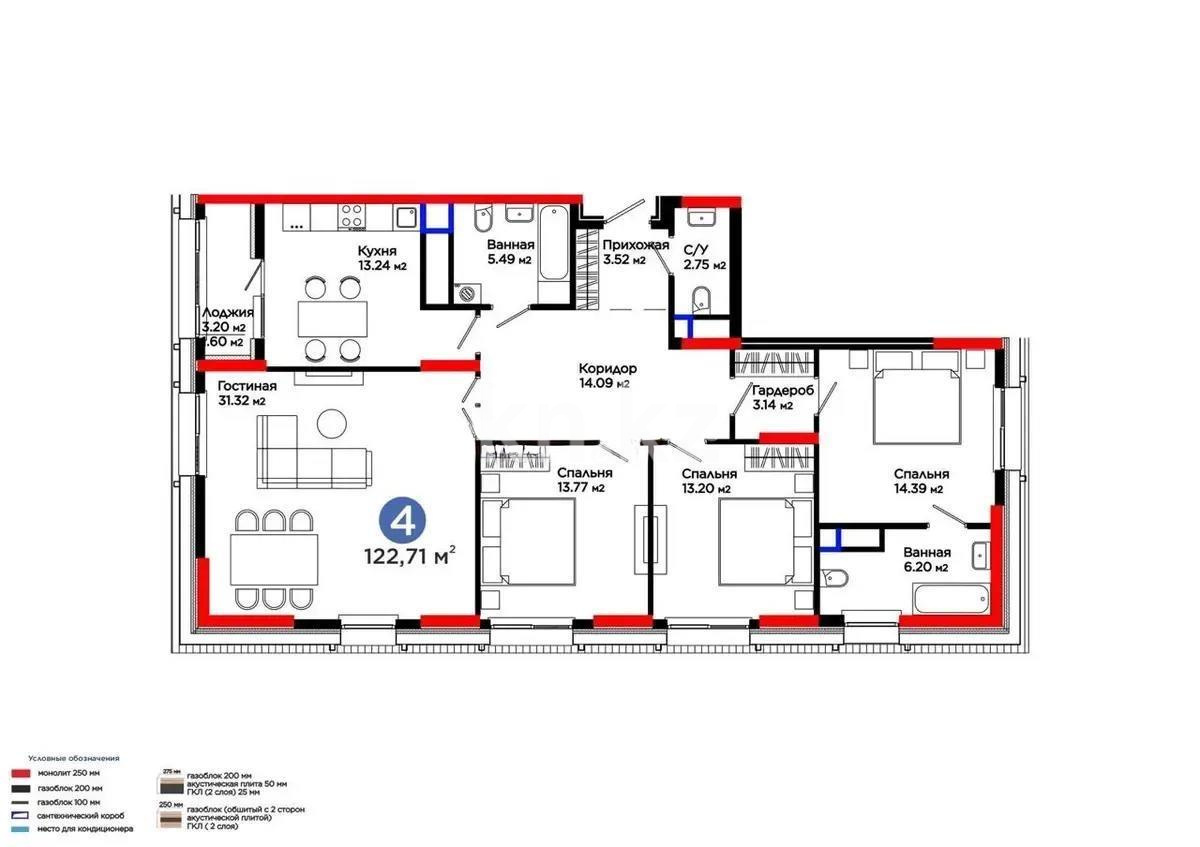 Продажа 4-комнатной квартиры, 122.71 м² в Астане