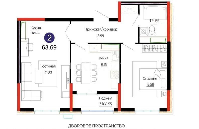 Продажа 2-комнатной квартиры, 63.69 м² в Астане