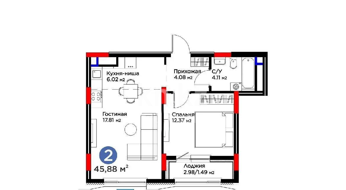 Продажа 2-комнатной квартиры, 45.88 м², ул. Кенесары, дом  54 - Продажа квартир в Астане фото 1 из 1