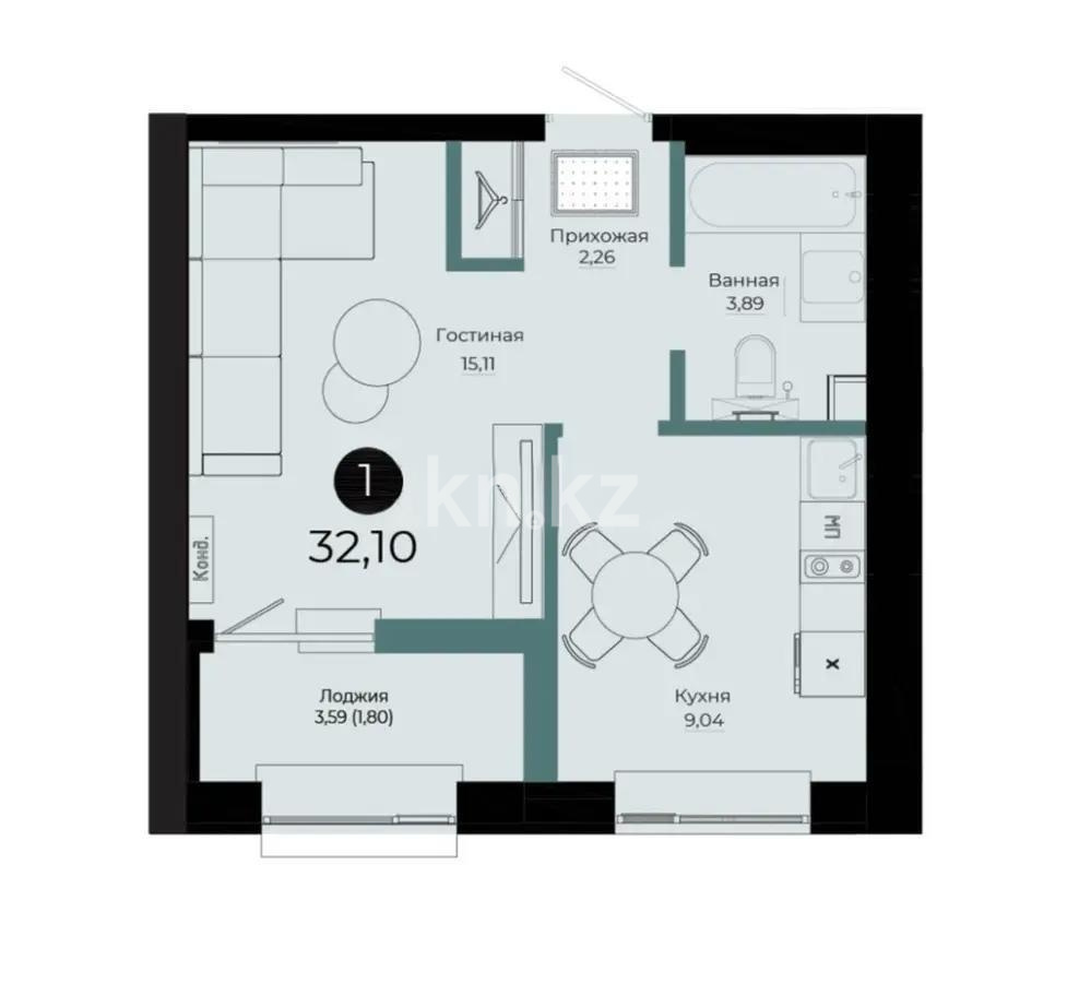 Продажа 1-комнатной квартиры, 32.1 м² в Астане