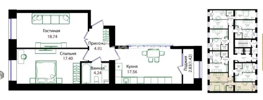 Продажа 2-комнатной квартиры, 64.29 м² в Астане
