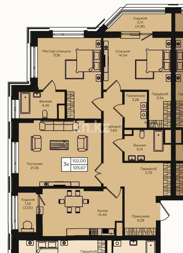 Продажа 3-комнатной квартиры, 105.67 м², пр. Кошкарбаева, дом  1 стр - Продажа  трехкомнатных квартир в новостройках Астаны без посредников фото 1 из 1