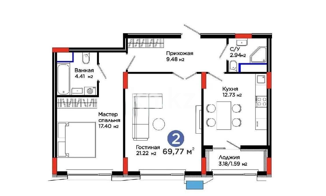 Продажа 2-комнатной квартиры, 69.77 м² в Астане