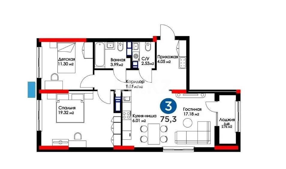Продажа 3-комнатной квартиры, 75 м² - Продажа  трехкомнатных квартир в новостройках Астаны с фото - страница 2 фото 9 из 9
