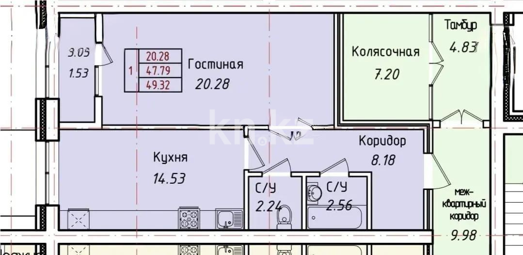 Продажа 1-комнатной квартиры, 49.3 м² в Астане