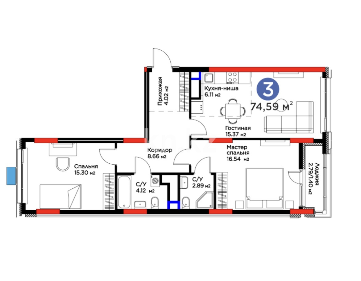Продажа 3-комнатной квартиры, 74.59 м², ул. Жошы хана, дом  10 в Астане