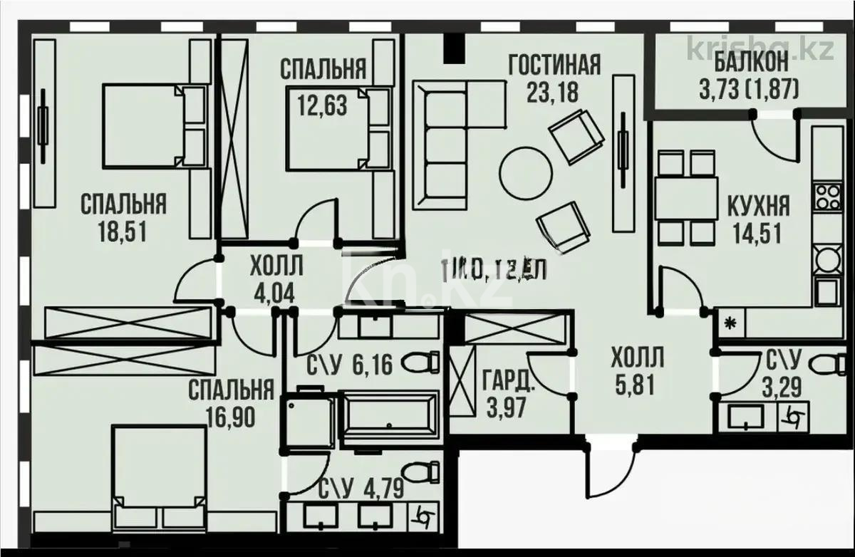 Продажа 4-комнатной квартиры, 117.5 м² - Продажа квартир в монолитно-каркасном доме в Астане фото 1 из 1