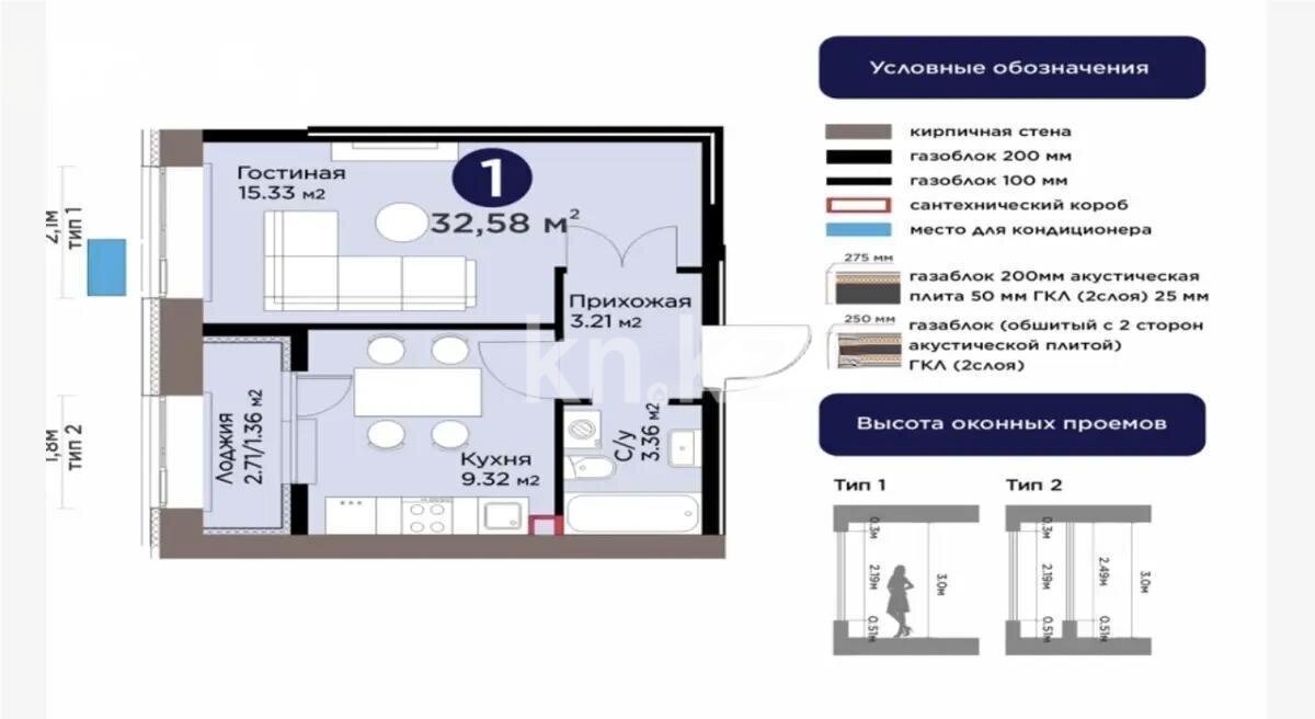 Продажа 1-комнатной квартиры, 32.58 м² в Астане