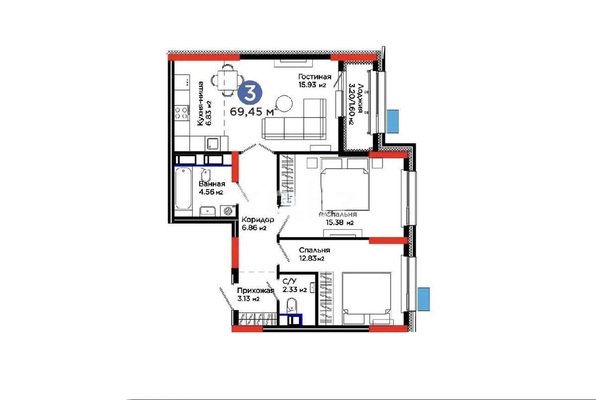 Продажа 3-комнатной квартиры, 69.45 м² в Астане