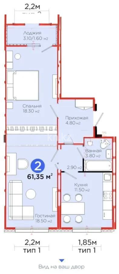 Продажа 2-комнатной квартиры, 61.35 м², ул. Е-103, дом  5 - Продажа квартир в новостройках Астаны с фото фото 1 из 1