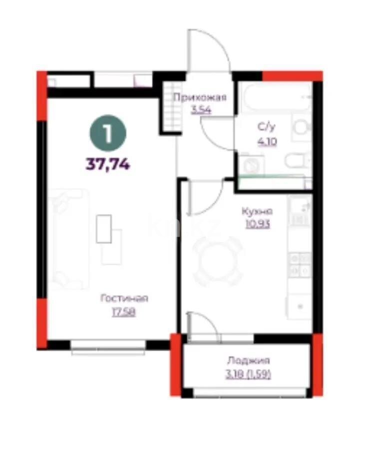 Продажа 1-комнатной квартиры, 37.74 м² в Астане