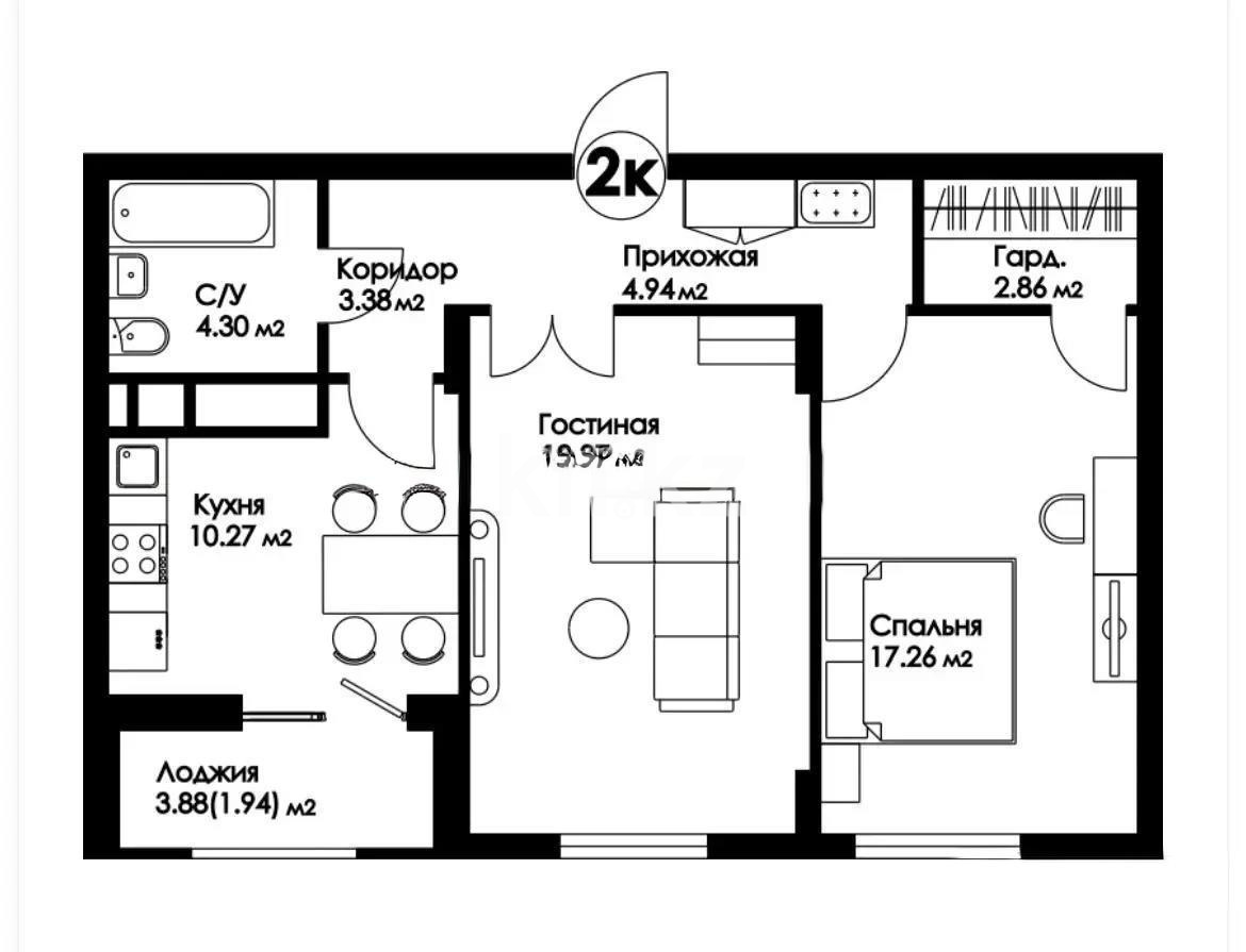 Продажа 2-комнатной квартиры, 64.2 м² в Астане
