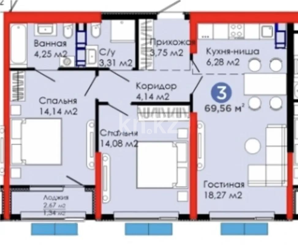 Продажа 3-комнатной квартиры, 69.56 м² - Продажа квартир в новостройках Алматы - страница 18 фото 1 из 1