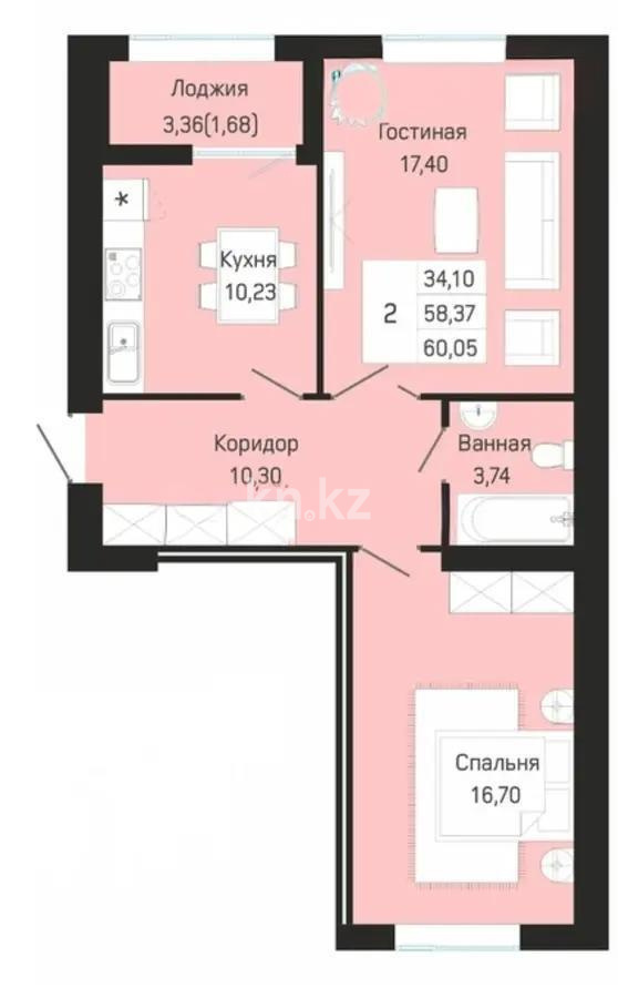 Продажа 2-комнатной квартиры, 60.5 м² в Астане